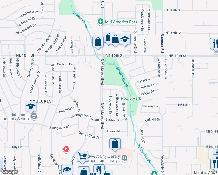 map of restaurants, bars, coffee shops, grocery stores, and more near 617 North Holman Court in Midwest City