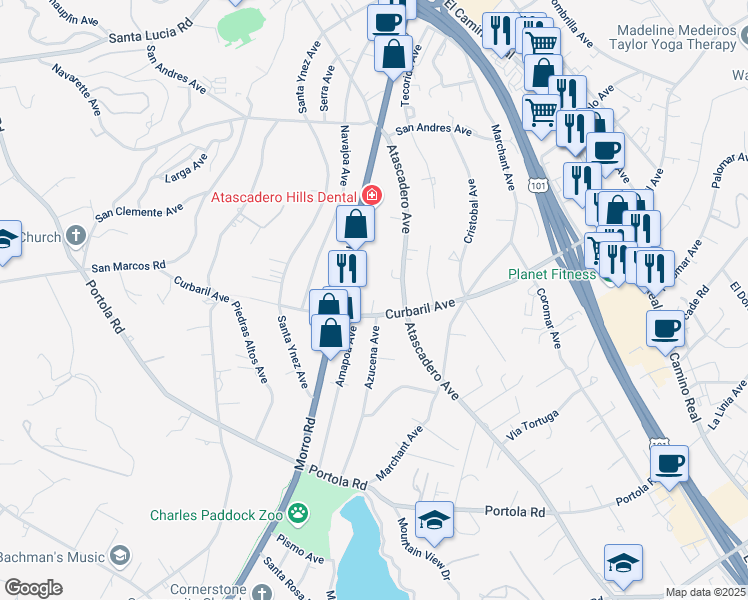 map of restaurants, bars, coffee shops, grocery stores, and more near 8075 Curbaril Avenue in Atascadero