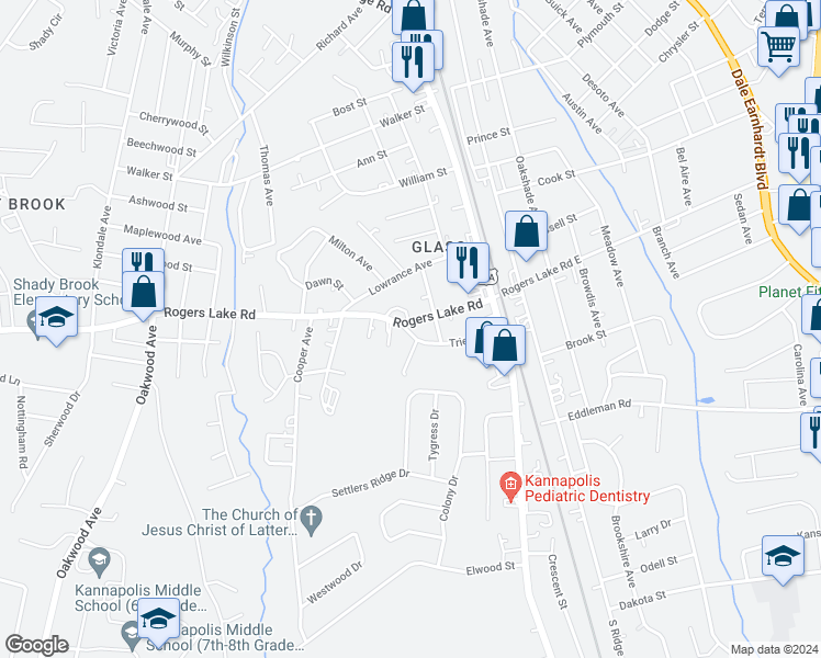 map of restaurants, bars, coffee shops, grocery stores, and more near 305 Rogers Lake Road in Kannapolis