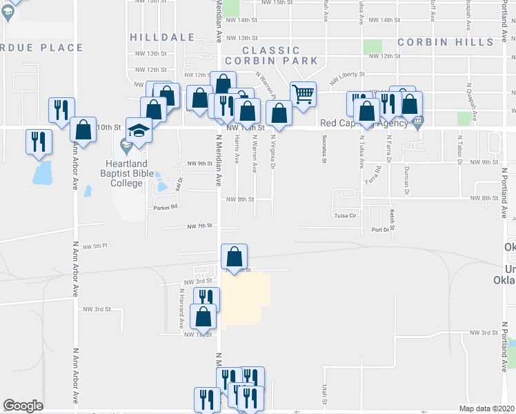 map of restaurants, bars, coffee shops, grocery stores, and more near 724 North Warren Avenue in Oklahoma City