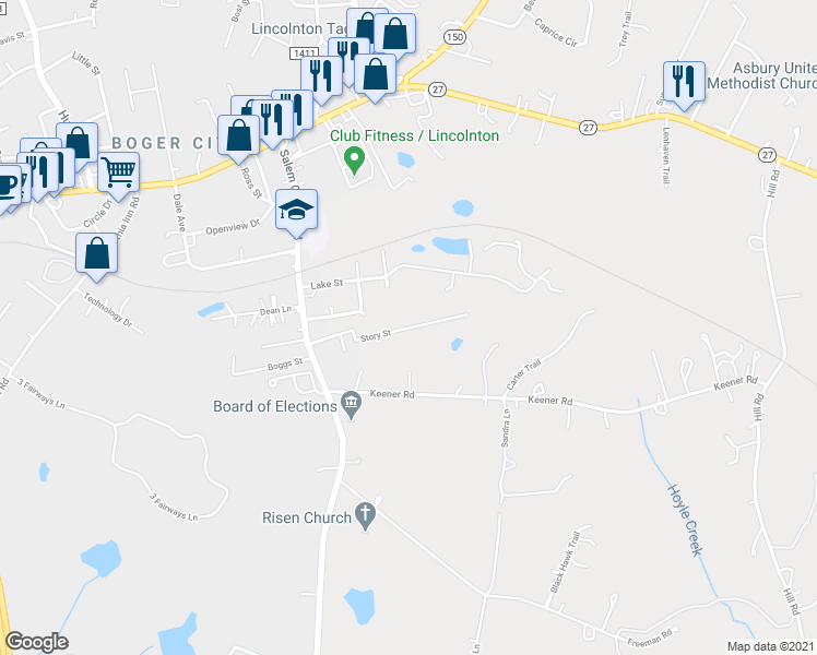 map of restaurants, bars, coffee shops, grocery stores, and more near 2313 Story Street in Lincolnton