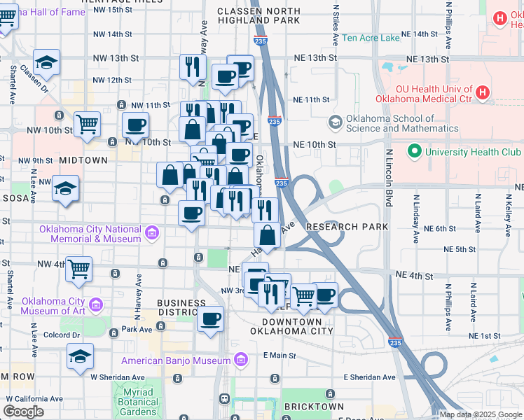 map of restaurants, bars, coffee shops, grocery stores, and more near 800 North Oklahoma Avenue in Oklahoma City