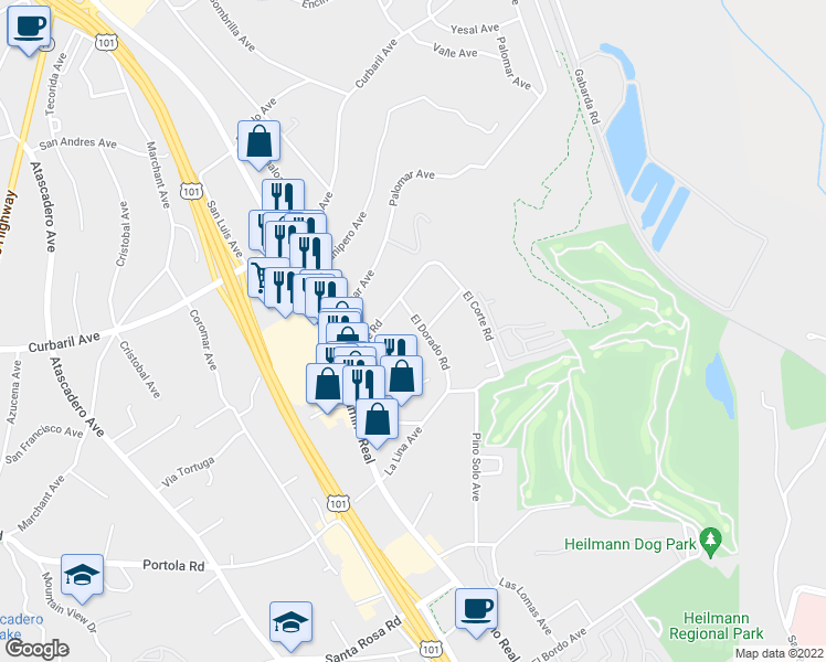 map of restaurants, bars, coffee shops, grocery stores, and more near 8495 El Dorado Road in Atascadero