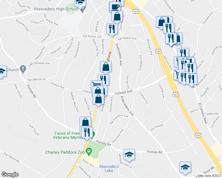 map of restaurants, bars, coffee shops, grocery stores, and more near 7860 Atascadero Avenue in Atascadero