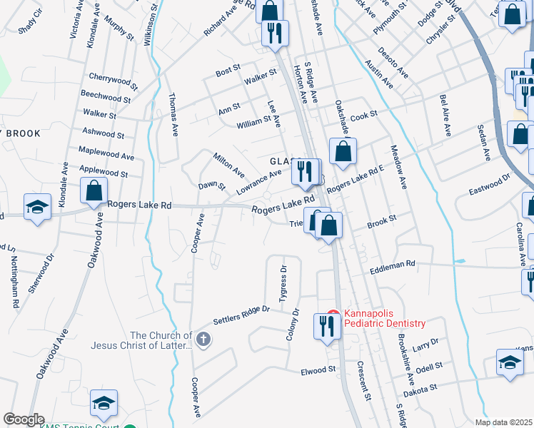 map of restaurants, bars, coffee shops, grocery stores, and more near 300 Rogers Lake Road in Kannapolis