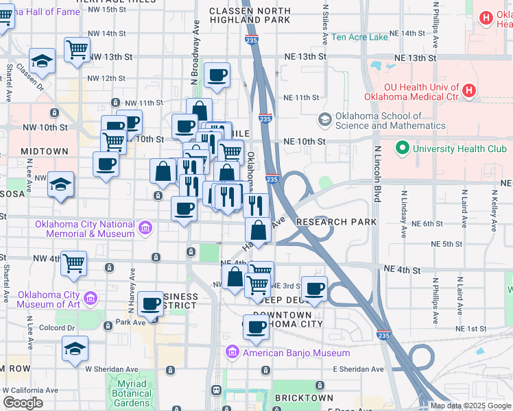 map of restaurants, bars, coffee shops, grocery stores, and more near 800 Oklahoma Avenue in Oklahoma City