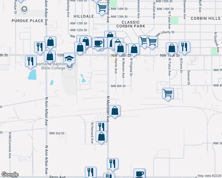 map of restaurants, bars, coffee shops, grocery stores, and more near 4428 Northwest 8th Street in Oklahoma City