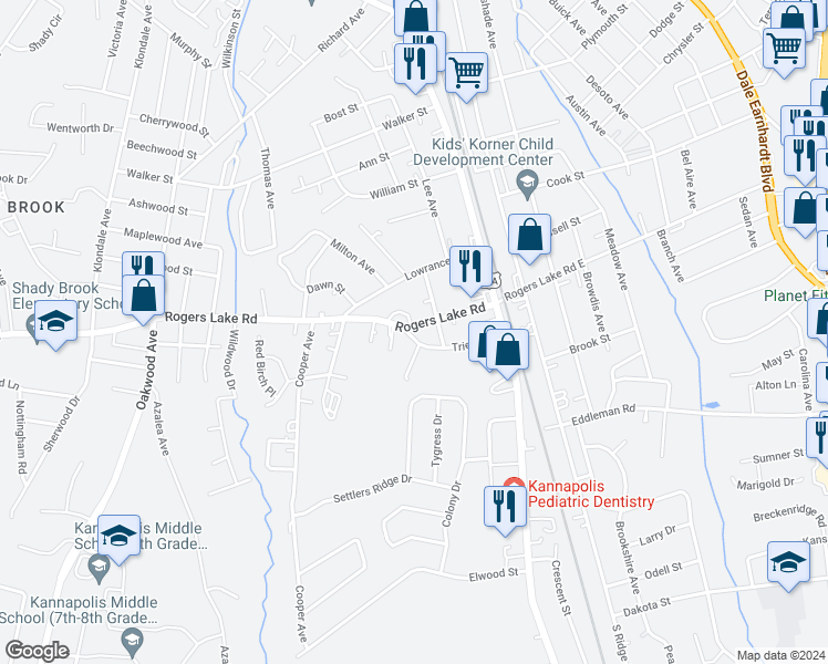 map of restaurants, bars, coffee shops, grocery stores, and more near 307 Rogers Lake Road in Kannapolis
