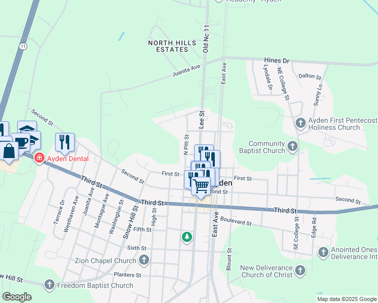 map of restaurants, bars, coffee shops, grocery stores, and more near 309 East Peachtree Street in Ayden