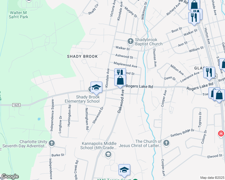 map of restaurants, bars, coffee shops, grocery stores, and more near 824 Oakwood Villa Drive in Kannapolis