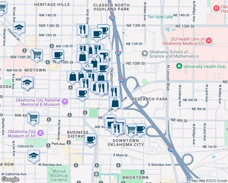 map of restaurants, bars, coffee shops, grocery stores, and more near 800 Oklahoma Avenue in Oklahoma City