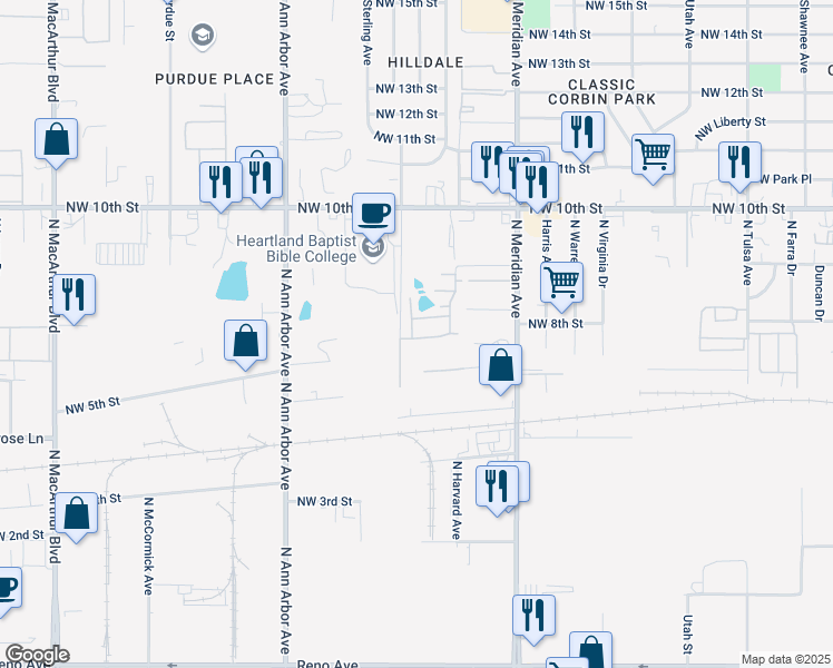 map of restaurants, bars, coffee shops, grocery stores, and more near 800 North Parker Drive in Oklahoma City