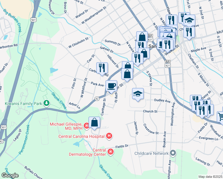 map of restaurants, bars, coffee shops, grocery stores, and more near 802 Wicker Street in Sanford