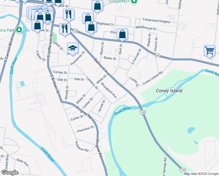 map of restaurants, bars, coffee shops, grocery stores, and more near 911B Woodland Avenue in Shelbyville