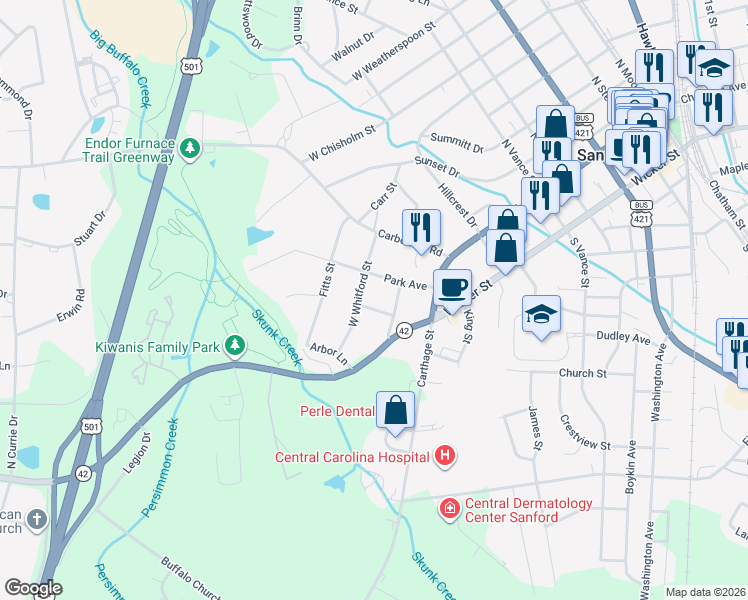 map of restaurants, bars, coffee shops, grocery stores, and more near 804 Tryon Street in Sanford