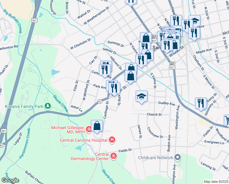 map of restaurants, bars, coffee shops, grocery stores, and more near 802 Wicker Street in Sanford