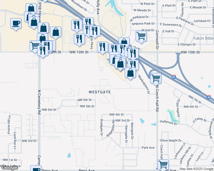 map of restaurants, bars, coffee shops, grocery stores, and more near 12540 Northwest 10th Street in Yukon