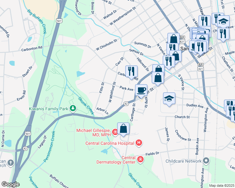 map of restaurants, bars, coffee shops, grocery stores, and more near 210 North Monroe Avenue in Sanford