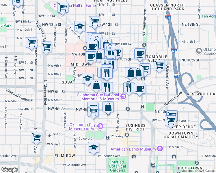 map of restaurants, bars, coffee shops, grocery stores, and more near 723 North Hudson Avenue in Oklahoma City