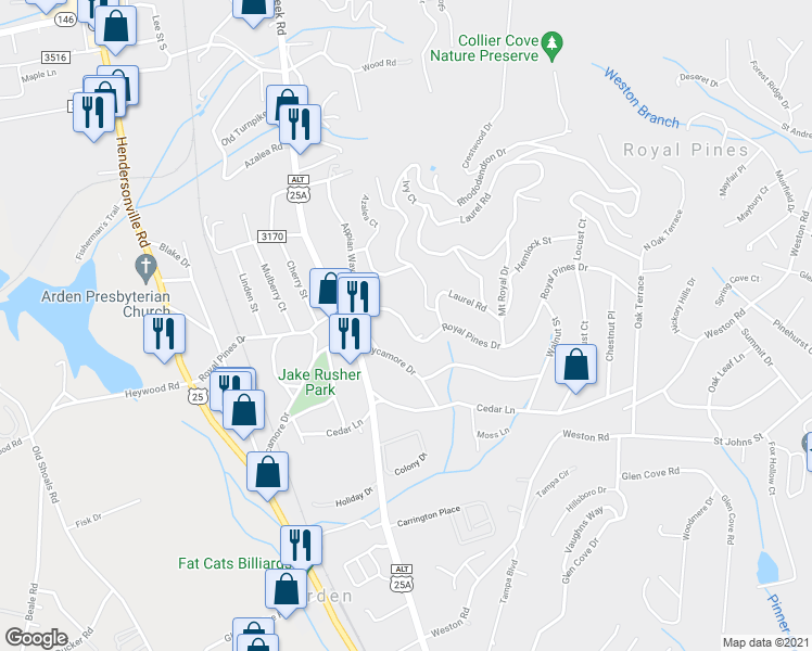 map of restaurants, bars, coffee shops, grocery stores, and more near 254 Royal Pines Drive in Arden