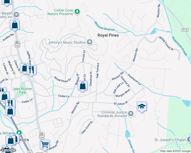 map of restaurants, bars, coffee shops, grocery stores, and more near 130 Oak Terrace in Arden