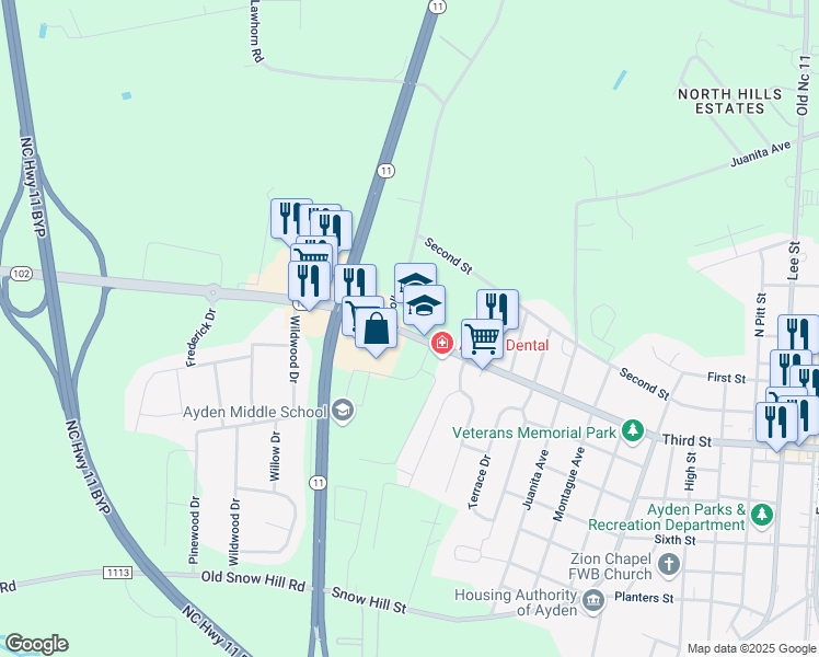 map of restaurants, bars, coffee shops, grocery stores, and more near 187 West 3rd Street in Ayden