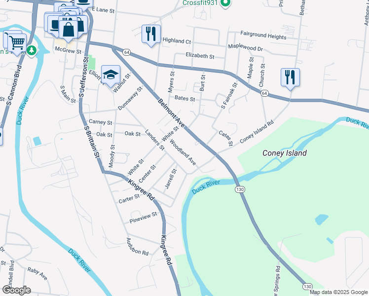 map of restaurants, bars, coffee shops, grocery stores, and more near 911B Woodland Avenue in Shelbyville