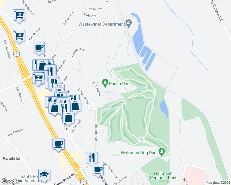 map of restaurants, bars, coffee shops, grocery stores, and more near 8654 Paseo De Vaca in Atascadero
