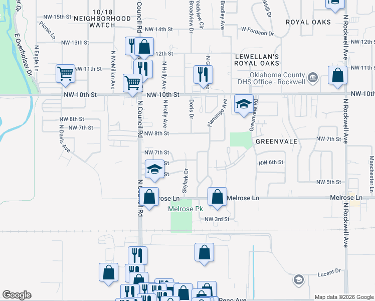 map of restaurants, bars, coffee shops, grocery stores, and more near 708 Skylark Drive in Oklahoma City