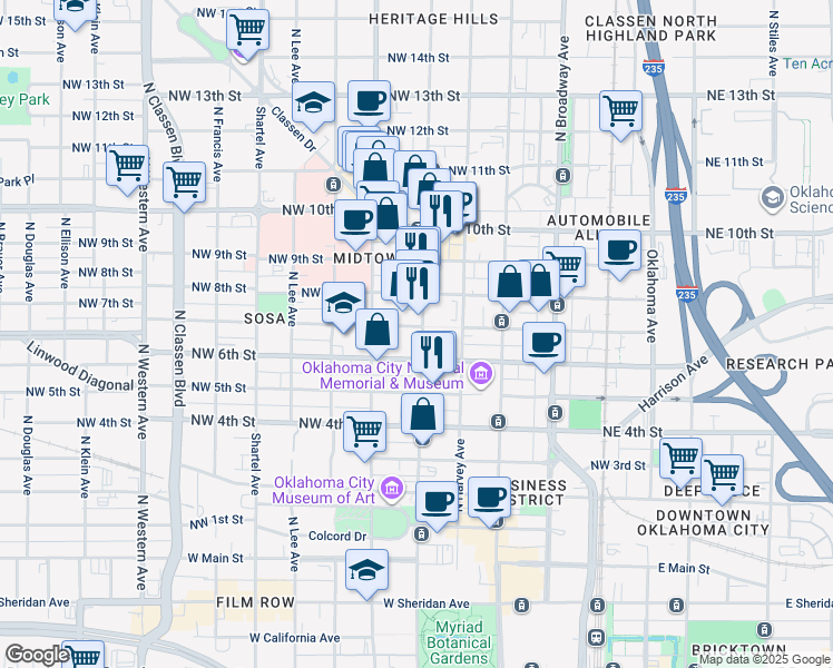 map of restaurants, bars, coffee shops, grocery stores, and more near 723 North Hudson Avenue in Oklahoma City
