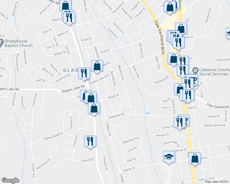 map of restaurants, bars, coffee shops, grocery stores, and more near 1420 Browdis Avenue in Kannapolis