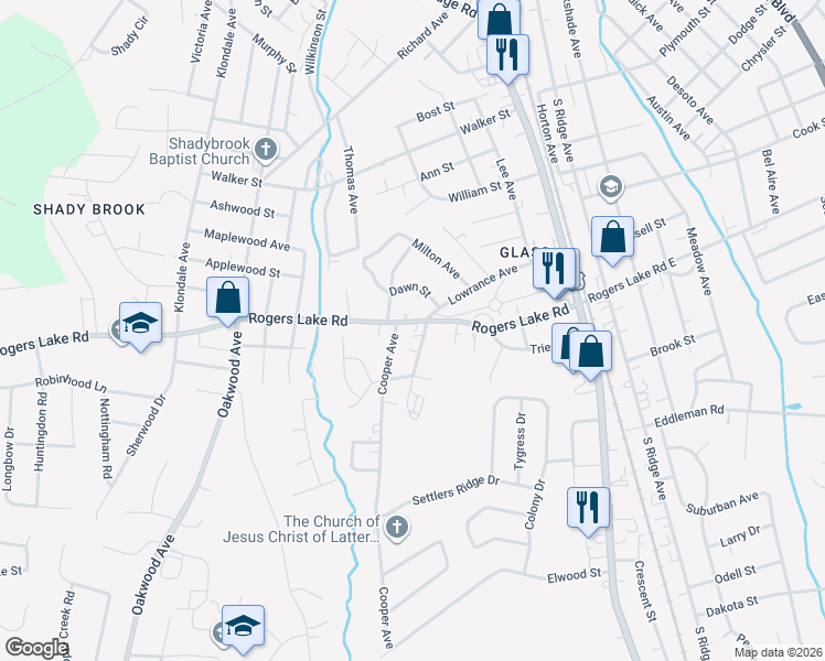map of restaurants, bars, coffee shops, grocery stores, and more near 503 Rogers Lake Road in Kannapolis
