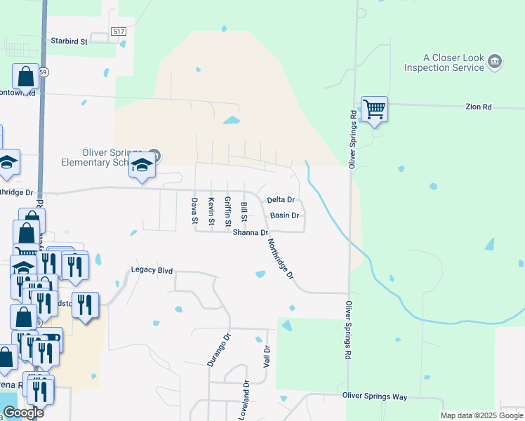 map of restaurants, bars, coffee shops, grocery stores, and more near 1104 Delta Drive in Van Buren
