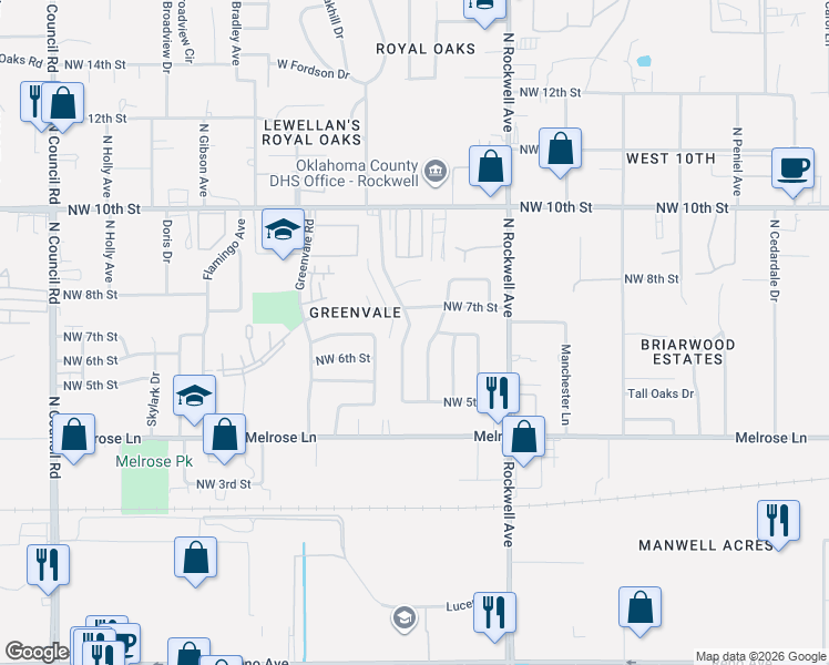 map of restaurants, bars, coffee shops, grocery stores, and more near 713 Whispering Oak Road in Oklahoma City