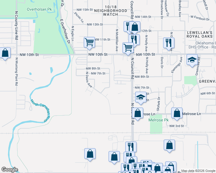 map of restaurants, bars, coffee shops, grocery stores, and more near 640 North Markwell Avenue in Oklahoma City