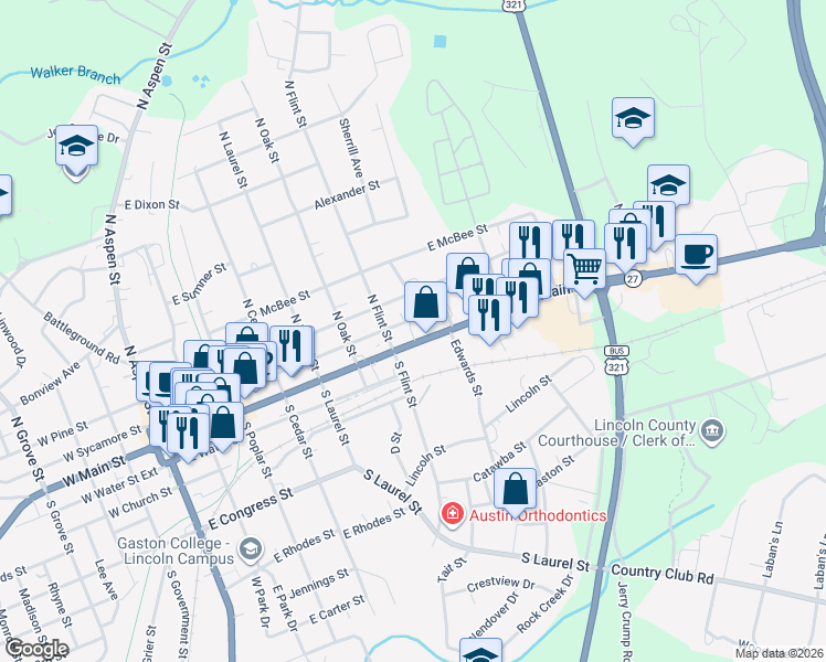 map of restaurants, bars, coffee shops, grocery stores, and more near 723 North Carolina 27 in Lincolnton