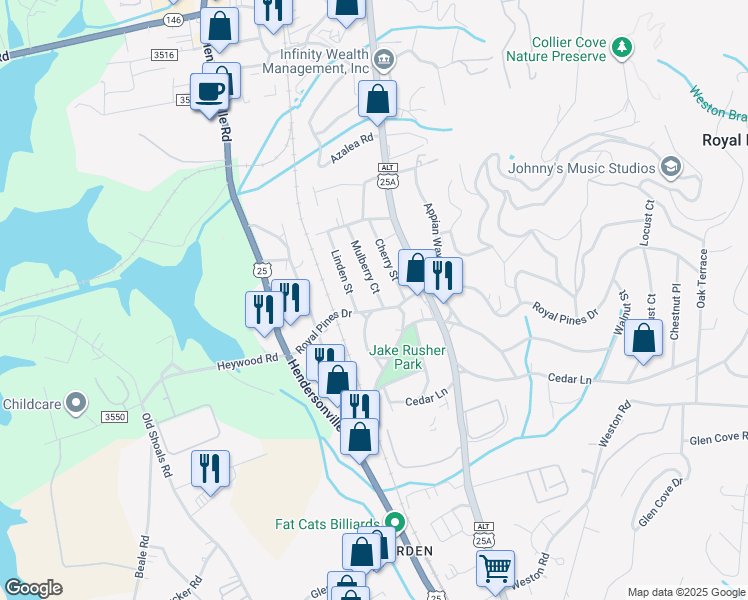 map of restaurants, bars, coffee shops, grocery stores, and more near 76 Mulberry Court in Arden