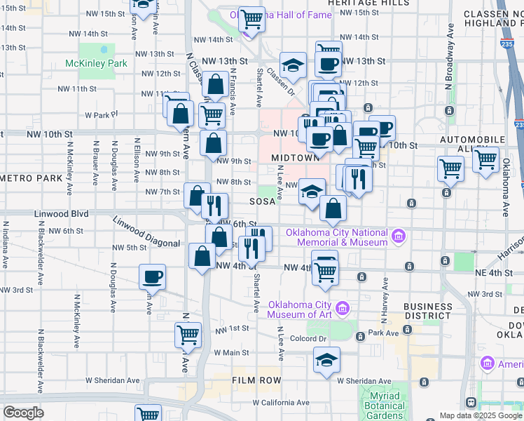 map of restaurants, bars, coffee shops, grocery stores, and more near 732 Northwest 7th Street in Oklahoma City