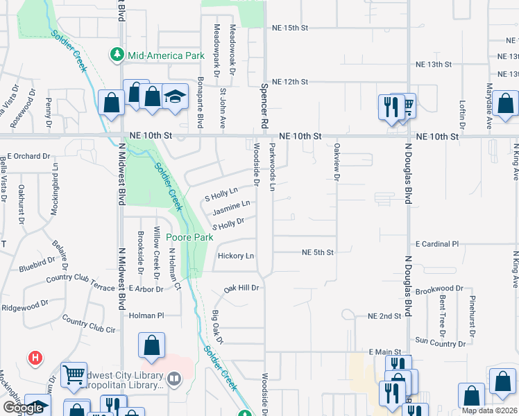 map of restaurants, bars, coffee shops, grocery stores, and more near 3708 Woodside Drive in Midwest City