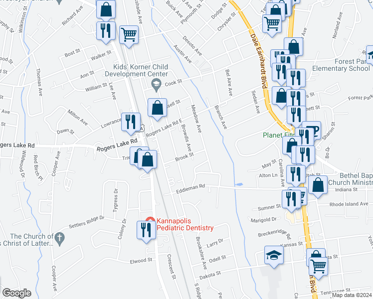 map of restaurants, bars, coffee shops, grocery stores, and more near 1422 Browdis Avenue in Kannapolis