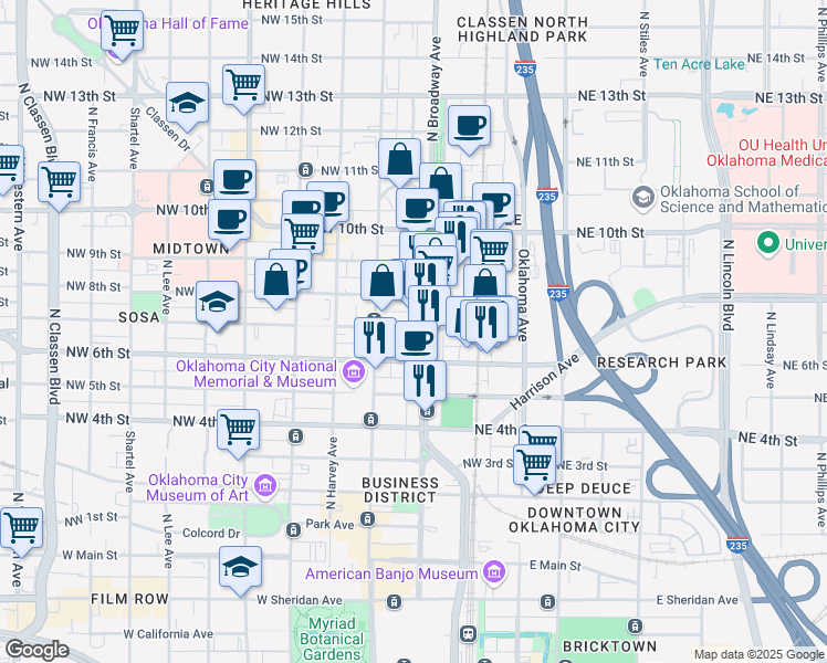 map of restaurants, bars, coffee shops, grocery stores, and more near 110 Northwest 7th Street in Oklahoma City