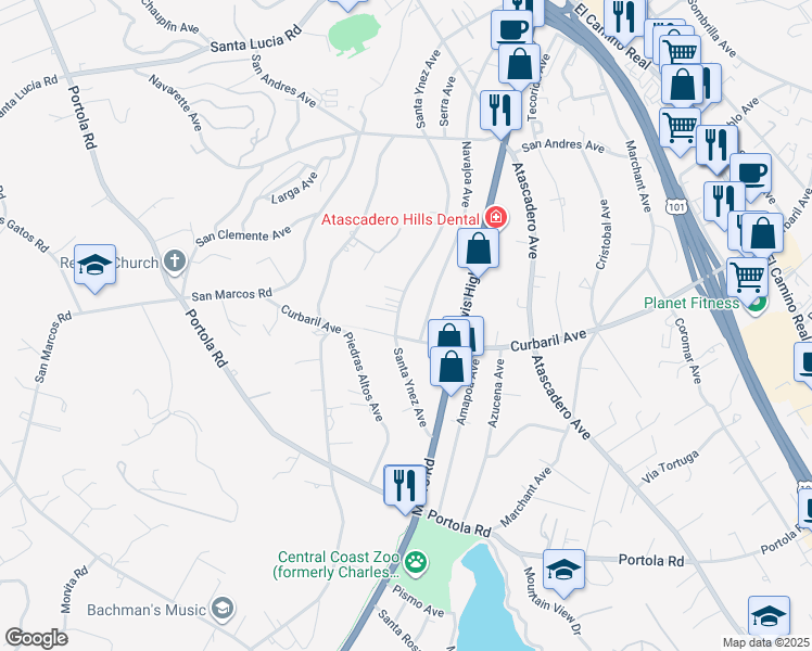 map of restaurants, bars, coffee shops, grocery stores, and more near 7975 Santa Ynez Avenue in Atascadero