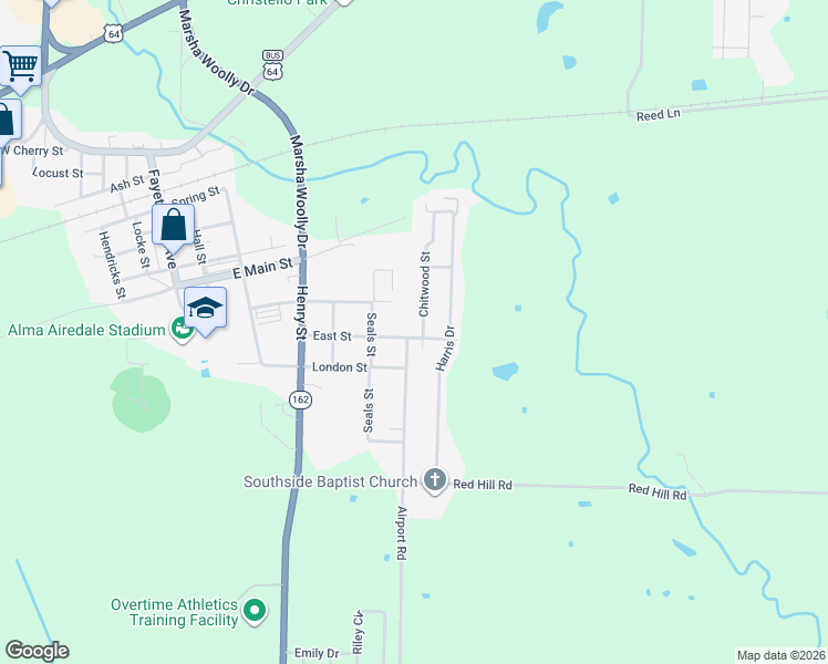 map of restaurants, bars, coffee shops, grocery stores, and more near 1041 Chitwood Street in Alma