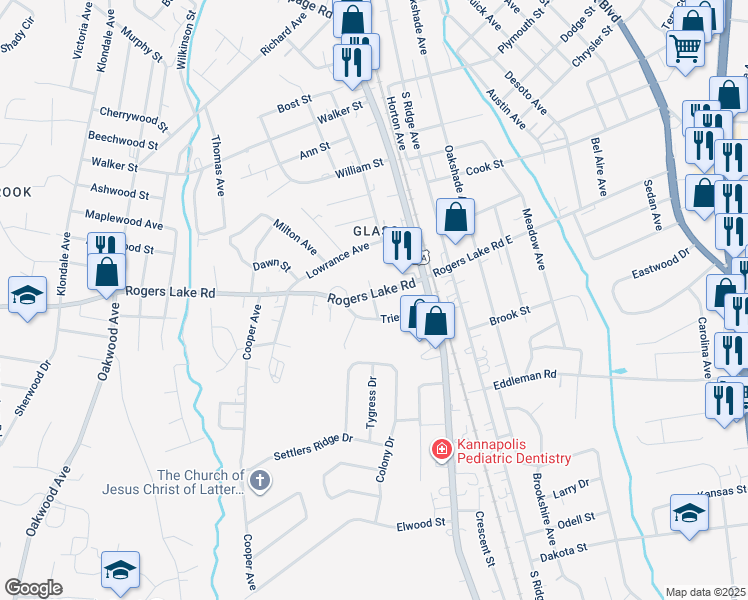 map of restaurants, bars, coffee shops, grocery stores, and more near Rogers Avenue in Kannapolis