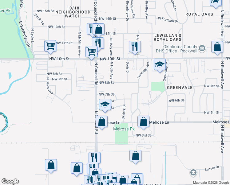 map of restaurants, bars, coffee shops, grocery stores, and more near 7801 Northwest 7th Street in Oklahoma City