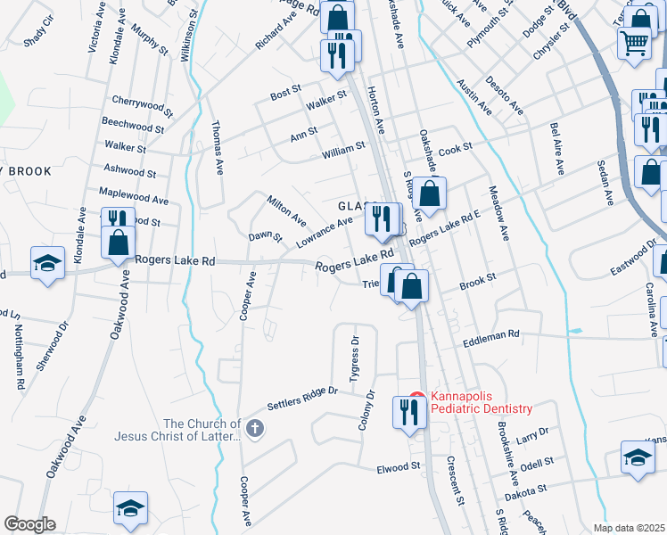 map of restaurants, bars, coffee shops, grocery stores, and more near 316 Rogers Lake Road in Kannapolis