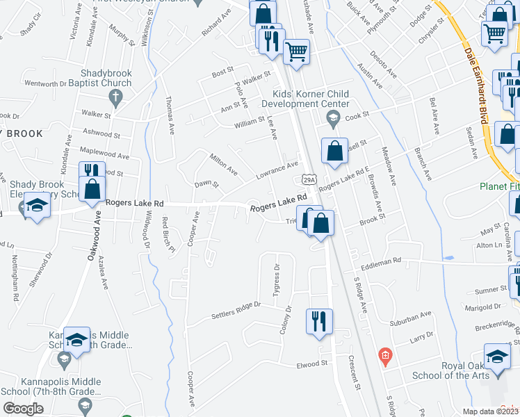 map of restaurants, bars, coffee shops, grocery stores, and more near 314 Rogers Lake Road in Kannapolis