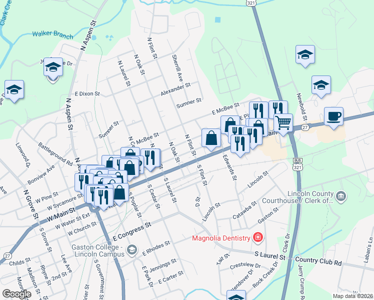 map of restaurants, bars, coffee shops, grocery stores, and more near 619 East Sycamore Street in Lincolnton