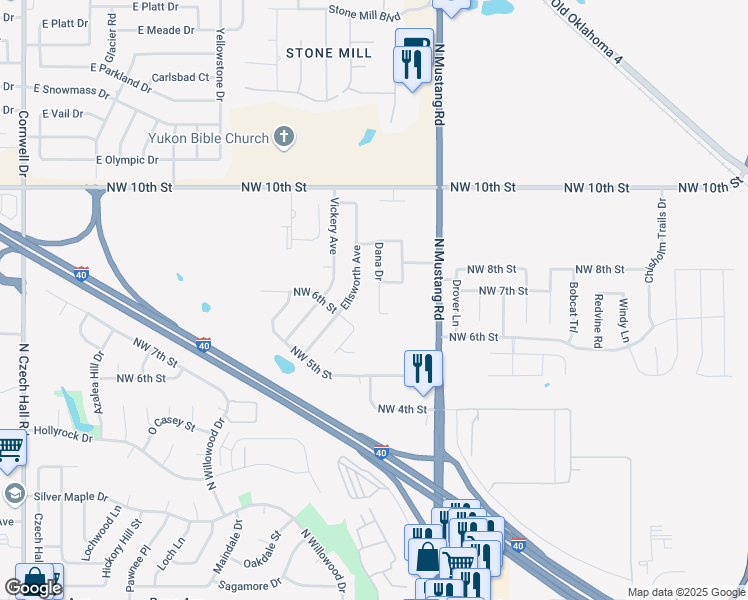 map of restaurants, bars, coffee shops, grocery stores, and more near 729 Dana Drive in Yukon