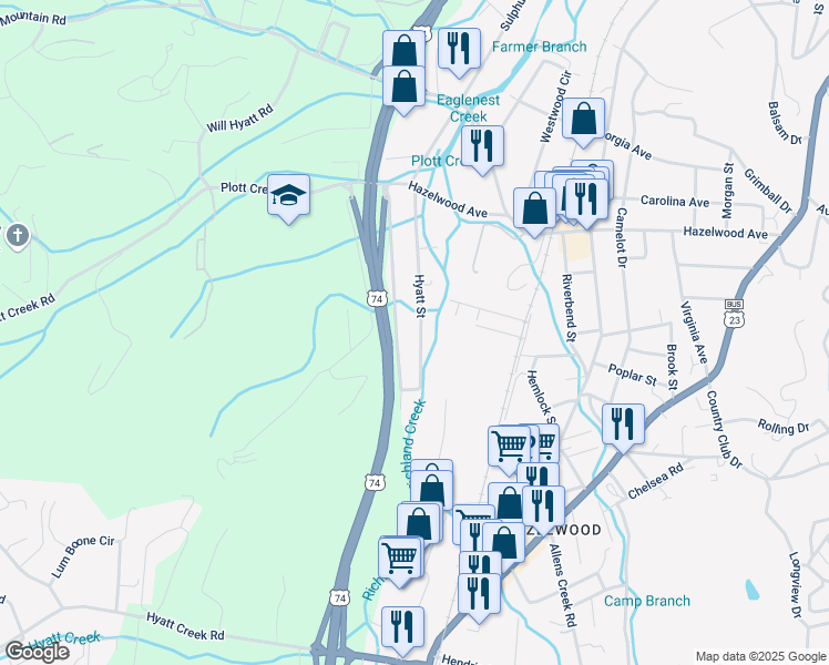 map of restaurants, bars, coffee shops, grocery stores, and more near 293 Tarheel Drive in Waynesville